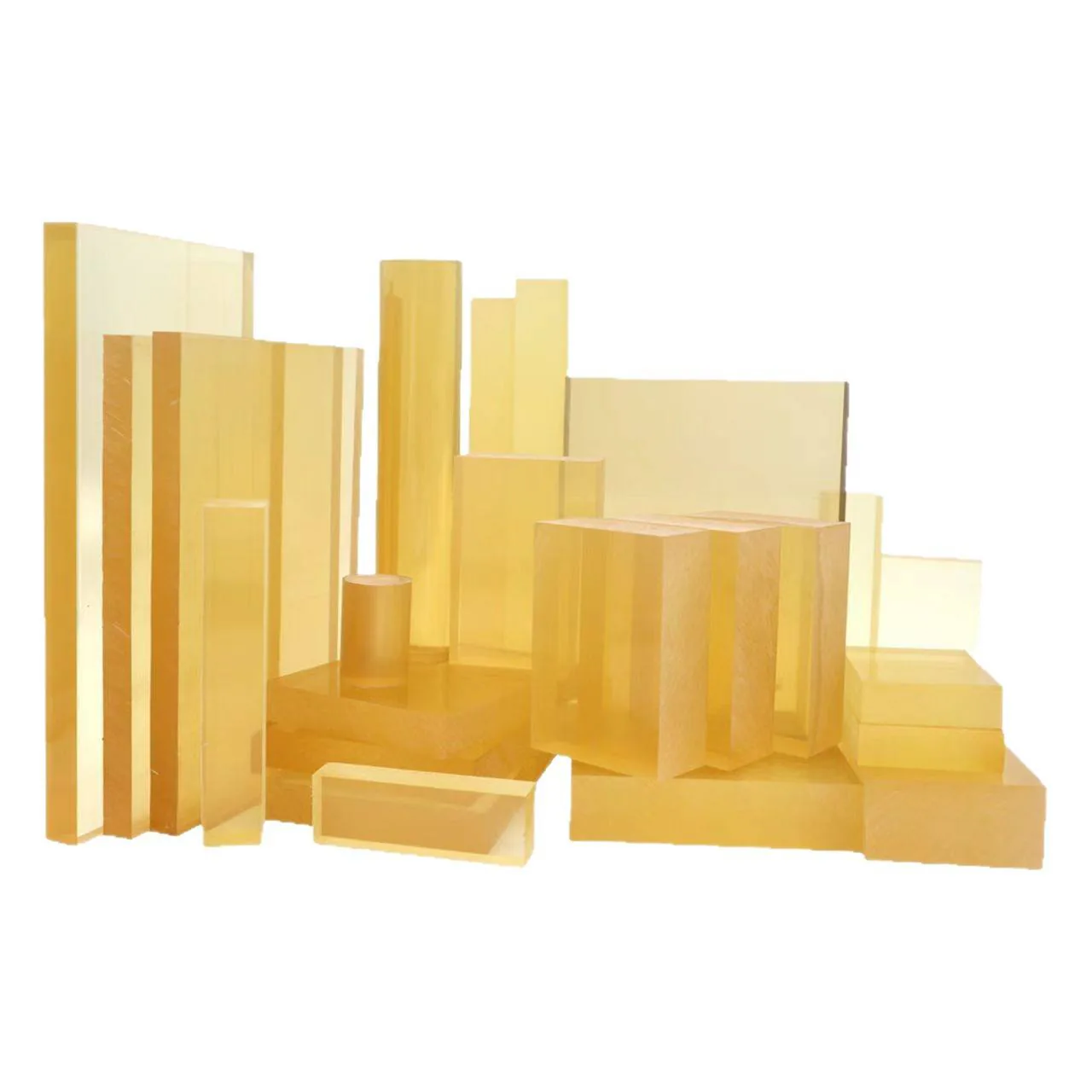 Amber PPSU sheets, rods and blocks on a white background